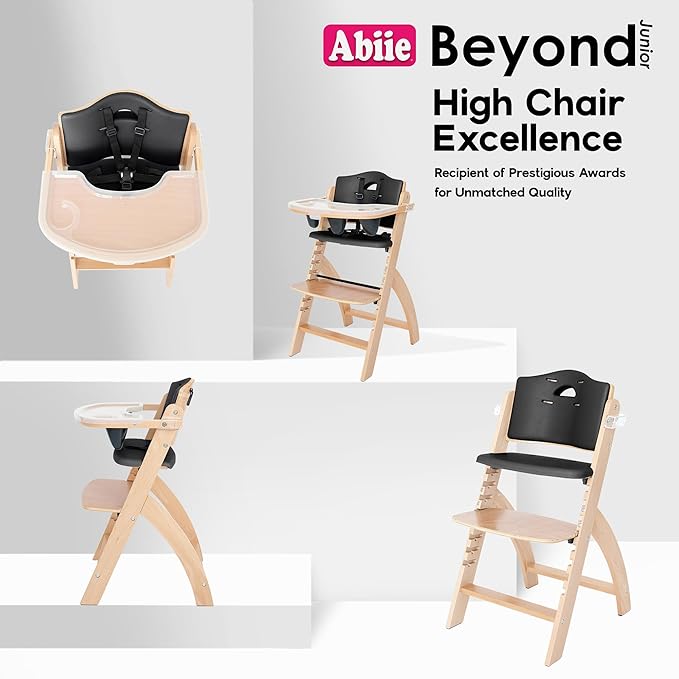 Abiie Beyond Junior Wooden High Chair with Tray - Adjustable and Convertible High Chair for Babies and Toddlers - 6 Months to 250 Lb - Water Resistant - Natural Wood/Black Pearl Cushion