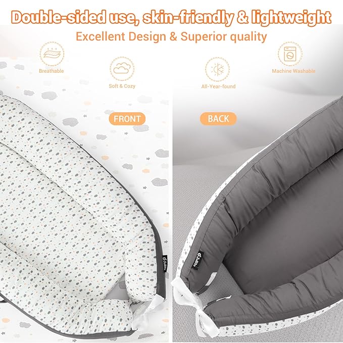 JOLLITO Baby Lounger for Baby Girls & Boys, Infant Lounger Cover, Newborn Essentials for Baby 0-12 Months, Baby Play Mat,100% Cotton Breathable, Portable Travel, Babies Essentials Gifts