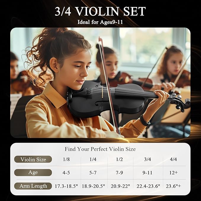 3/4 Violin Kit, Beginner Violin for Kids, Students, Complete Kids Violins Set with Case, Bow, Rosin, Ideal for Kids Violinss Beginner Ages 9-12, Black