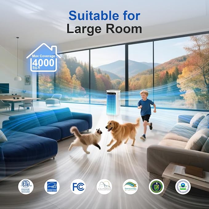 Soleus Air Air Purifier for Large Room Up to 4000 Sq. Ft, Pet Air Purifier for Home Bedroom, with Washable Pre-Filter, 3-Channel Air Quality Monitor, 4-in-1 HEPA, 22dB Quiet Sleep Auto