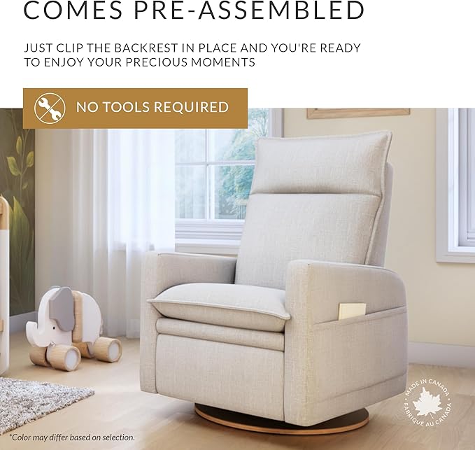 Arya Modern Nursery Glider Recliner Chair – Cozy Nursing Chair with 360° Swivel for New Parents, Gentle Motion, Compact Design, High Back & Low Armrests, Canadian Made (Driftwood/Breather Fabric)