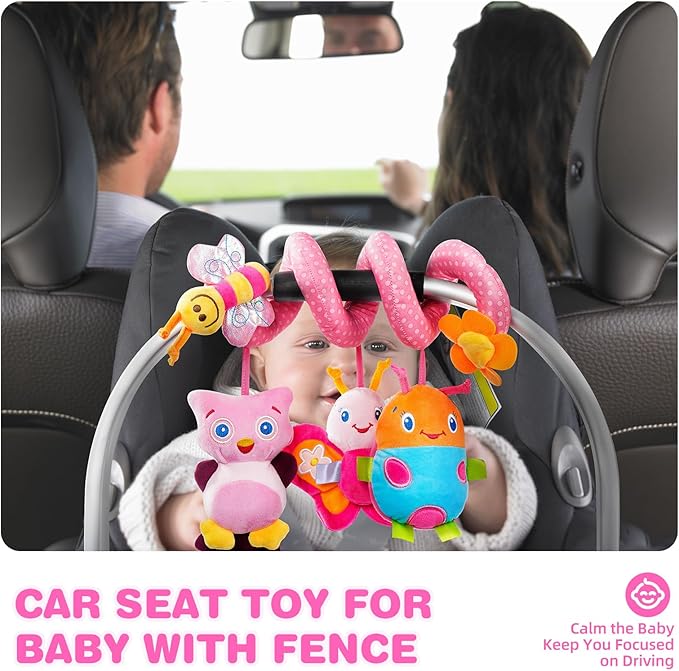 Jollybaby Baby Car Seat Stroller Toys, Plush Activity Hanging Spiral Activity Pram Crib with Music Box, Rattles, Squeaker for Babies Infant Boys Girls(Pink)