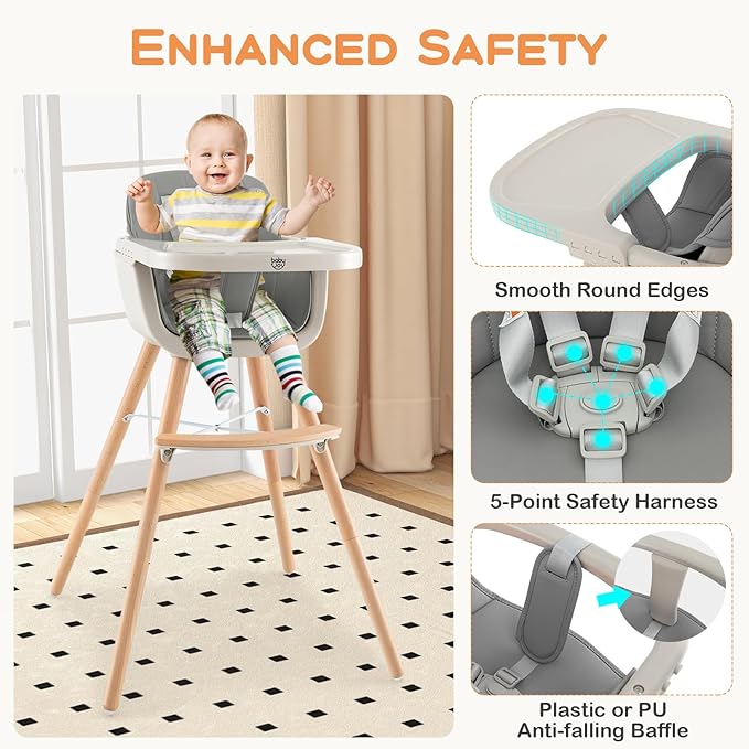 BABY JOY Convertible Baby High Chair, 3 in 1 Wooden Highchair/Booster/Chair with Removable Tray, Adjustable Legs, 5-Point Harness, PU Cushion and Footrest for Baby, Infants, Toddlers (Gray)