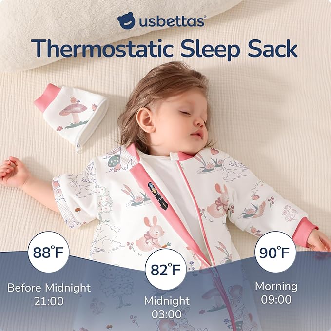 Baby Sleep Sack 18-24 Months, Cotton Detachable Long Sleeve Sleep Sack, 2.5 Tog Toddler Sleeping Sack with Temperature Strips, 2-Way Zipper Wearable Blankets for Newborns, Bunny