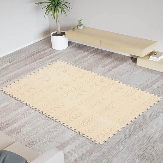 qqpp EVA 18 Tiles Baby Play Mat for Playing, Interlocking Foam Floor Mats for Tummy Time & Crawling, Puzzle Flooring Tiles with Laser Pattern for Kids. Beige. QL-91(J) b18N