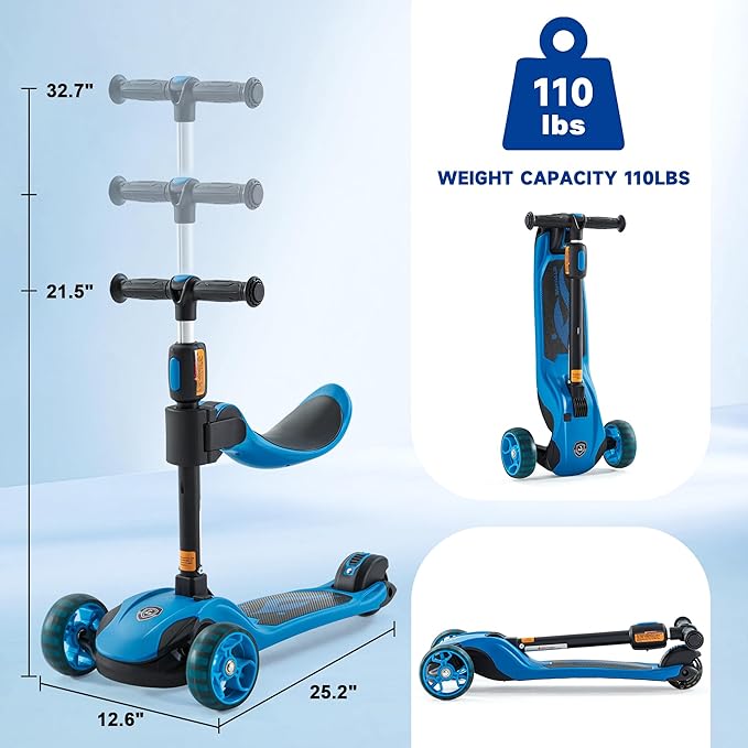 GLAMUP Kids Scooter, 2-in-1 Folding Kick Scooters, Adjustable Height, Safety Lock, 3 Wheel Kick Scooter for Boys and Girls Ages 3-14