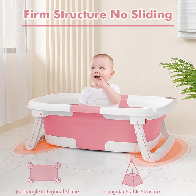 Collapsible Baby Bathtub,Baby Bath Tub with Soft Cushion & Thermometer,Baby Bathtub Newborn to Toddler 0-36 Months,Portable Travel Baby Tub