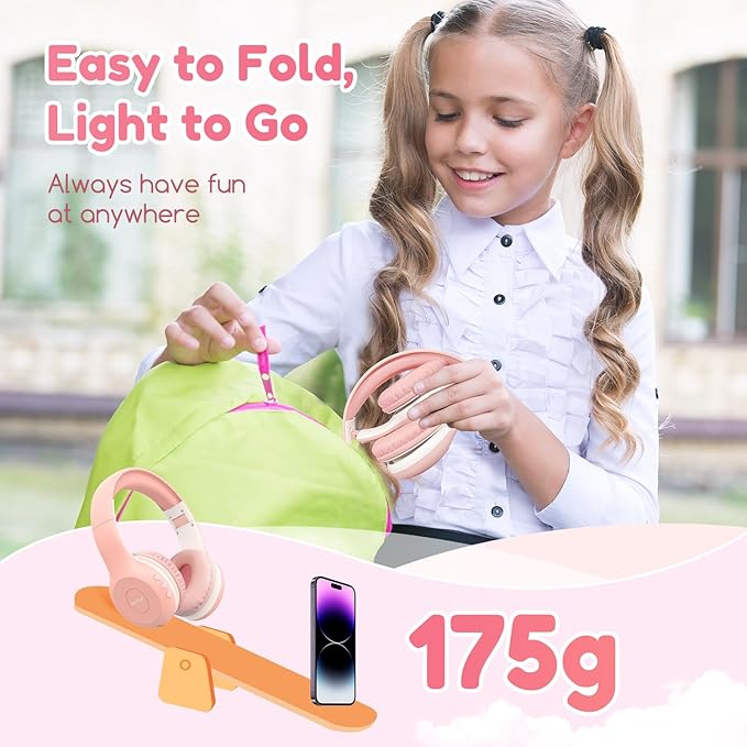 EarFun K2 Kids Bluetooth Headphones, Kids Headphones with Volume Limited, 40H Playtime, Built-in Mic, Stereo Sound, Foldable Over-Ear Headphone for School/Travel/iPad/Tablet, Pink