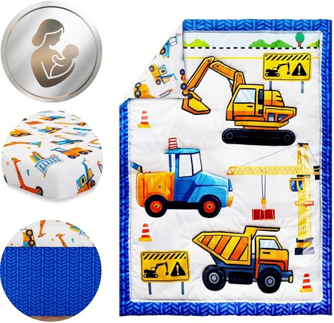 3 Piece Baby Boy Crib Bedding Set Construction Theme Baby Comforter Set for Crib Nursery Bed Set Decor with Fitted Crib Sheet, Comforter and Skirt for Boys Girls (Construction)