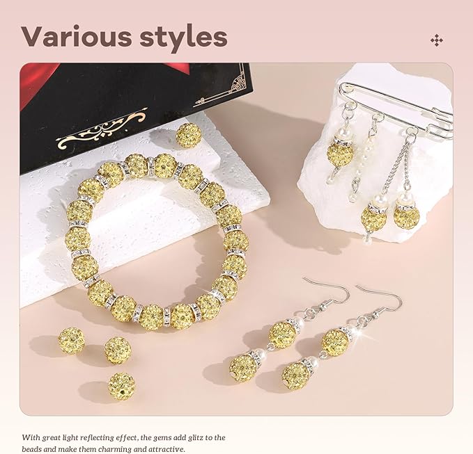 200pcs 10mm Rhinestone Beads for Jewelry Making, Light Yellow Shiny Round Disco Beads Bulk, Sparkle Crystal Clay Christmas for Bracelet Baseball Necklace Earring Crafting and DIY