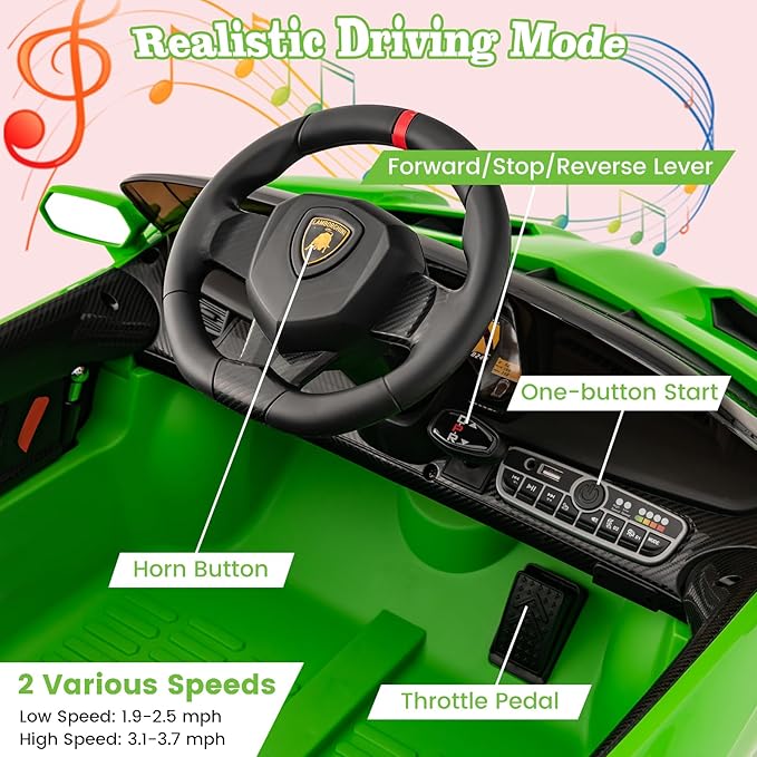 Costzon Ride on Car, Lamborghini Licensed 12V Battery Powered 4WD Sports Car with Remote Control, 3 Speeds, Hydraulic Doors, LED Lights, Towing Wheel, Horn, Music, Electric Vehicle for Kids Aged 3-8