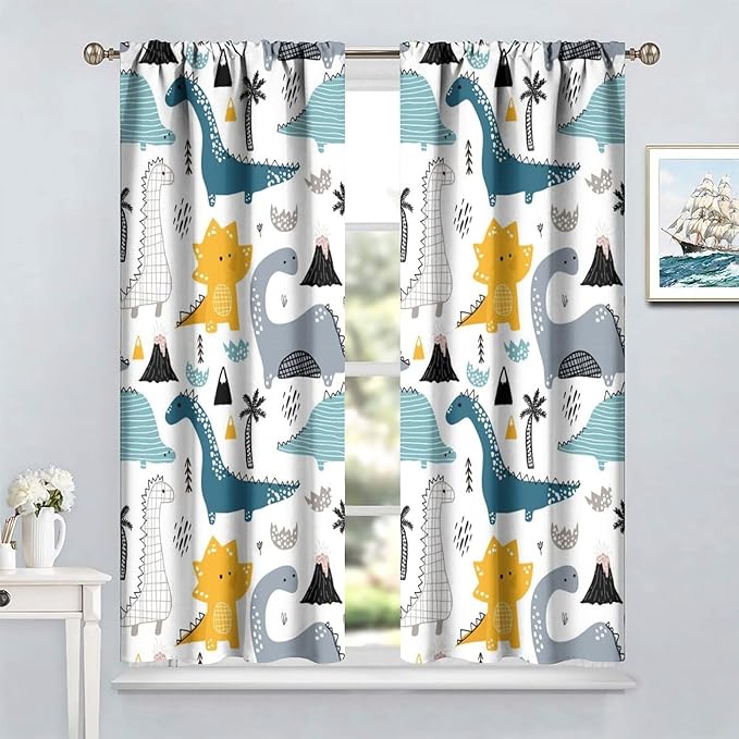 Kids Dinosaur Curtains for Boys Girls Bedroom Decor Cartoon Dino Colorful Cute Funny Wildlife Animal Printed Blackout Rod Pocket Window Drapes for Baby Nursery Playroom Living Room W21xL54in 2 Panels