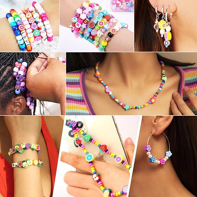 Christmas Gift Set,10000PCS Polymer Clay Beads Bracelet Making kit, Cute Fun Beads Fruit Flower Animal Cake Butterfly Heart Beads Charms for Jewelry Making DIY Accessories for Children Girls