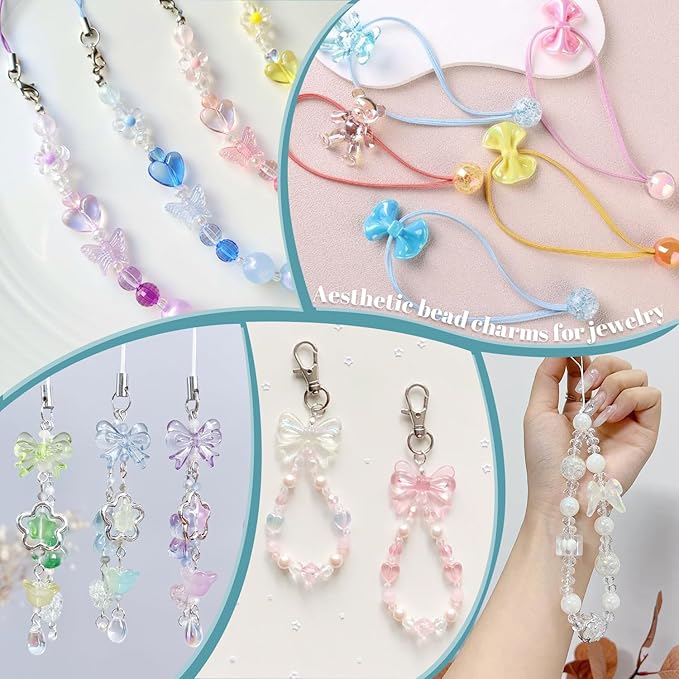 Assorted 170-230PCS Pink Acrylic Beads for Bracelet Making, Flower Bow Butterfly Candy GummyBear Aesthetic Bracelet Charms,Cute Beads for Jewelry Making DIY Necklace Keychain Phone Charm