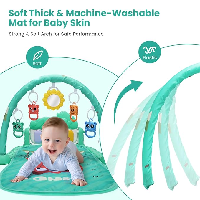 Baby Gyms Play Mat, Infant Toy Play Mat Activity Center, Baby Play Piano Mats with Music and Lights, Activity Padded for Babies Newborns and Toddlers Boys and Girls 0-12 Months, Green