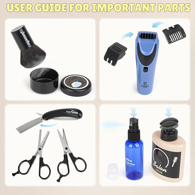 Barber Shop Pretend Play Toy, Kids Hair Salon Toys, Kids Shaving Kit for Boys Ages 3+ with Blow Dryer, Electric Shaver Toys, Tool Bag and Stylist Shave Barber Accessories for Role Play (Black)