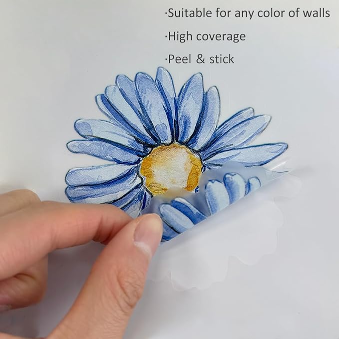 YouRfocus Blue Daisy Wall Decals | 33 PCS Boho Flower Stickers for Girls' Rooms, Playrooms, and Nurseries | Dual Layer Print for High Coverage | Removable Peel and Stick Wall Decor | 6 Sheets