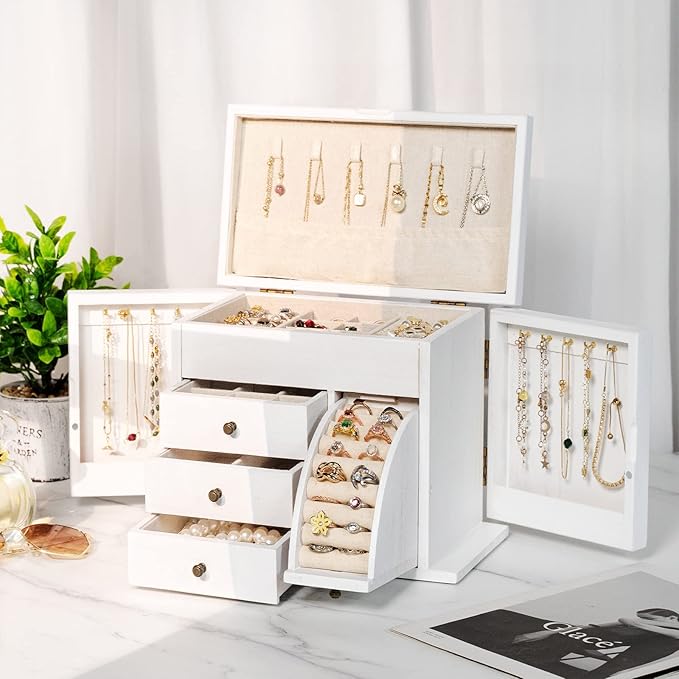 Jewelry Box Organizer, Solid Wood Jewelry Boxes for Women for Storage & Display Necklace Ring Earring Bracelet, Rustic Style Jewelry Organizer Box for Women Gifts (Weathered White)