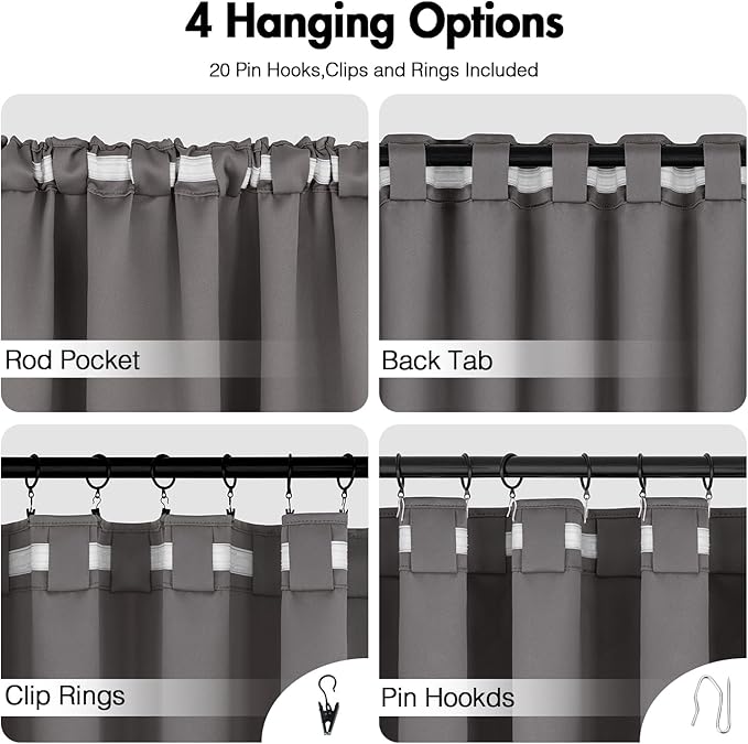 ANRODUO Back Tab Blackout Curtains for Bedroom Living Room, Rod Pocket Pinch Pleated Thermal Insulated Room Darkening Curtains 92 Inches Long 2 Panels, Grey, 42 x 92 Inch