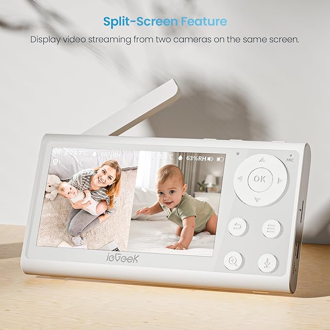 ieGeek Baby Monitor with 2 Cameras, Split-Screen Video Baby Monitor with Audio and 1080P Camera 4.3" Screen - Night Vision, Two-Way Talk, Cry & Motion Detection, Pan-Tilt-Zoom via Screen and Free APP
