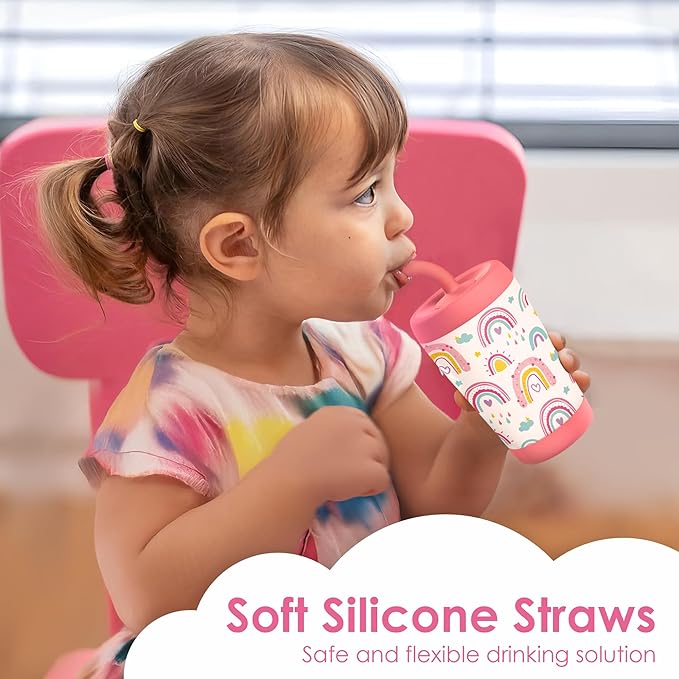 Kid Insulated Stainless Steel Tumbler with Silicone Straw, 12oz Sippy Cup for Kids (Sweet Rainbows)