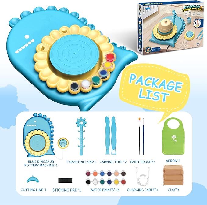 HTUONIAO Dinosaur Pottery Wheel Kit for Kids Ages 6-12 with 3 Air Dry Clays & Tools - Complete Arts and Crafts Studio for Beginners, Creative Gift for Boys and Girls