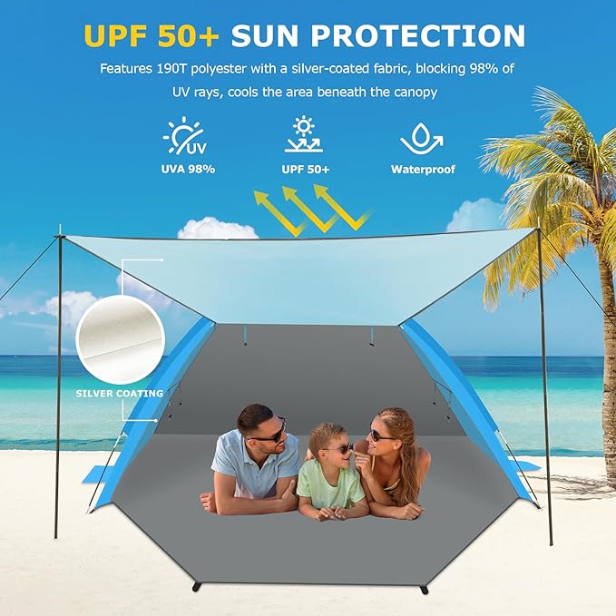 Gorich Beach Tent with Canopy - Easy Setup 3-4/5-6/7-8 Person Portable Sun Shelter, UPF 50+ UV Protection Sun Shade, Lightweight & Compact Beach Cabana for Family Travel