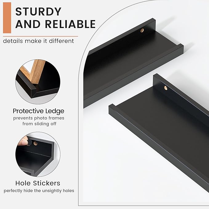 Floating Picture Ledge Shelves for Wall Set of 8, 16 Inch Solid Wood Wall Shelves with Lip Long Large Nursery Book Shelf for Toys Storage Kids Bookshelf Wall Mounted Living Room Bedroom Decor Frames
