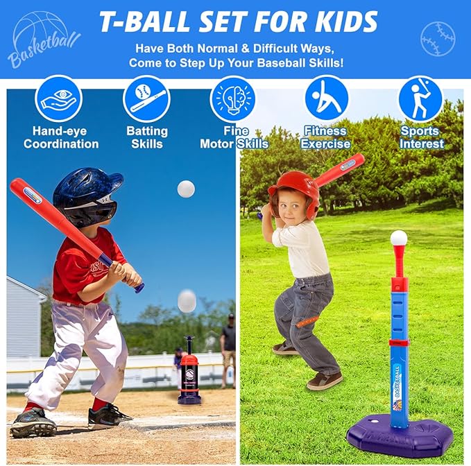 Meland Toddler Basketball Hoop, 4-in-1 Kids Basketball Hoop with Tball Set for Toddler & Baseball Pop Up Machine, Basketball Goal for Kid Sport Toys Indoor Outdoor Play Birthday Gift for Kids Toddlers