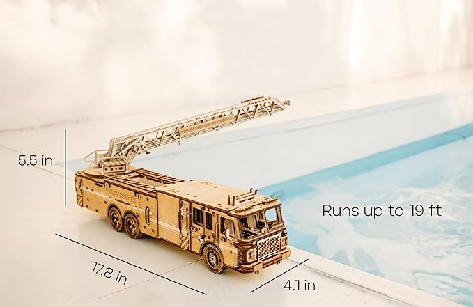 Wood Trick Rescue Firetruck Movable - Rotating Extendable Ladder - 3D Wooden Puzzles for Adults and Kids to Build - Rides up to 20 ft - Wooden Models Engineering DIY Project Mechanical Model Kit