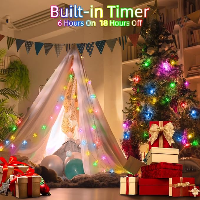Star String Lights 360 LED 132FT, 8 Modes Plug in Star Fairy Lights with Timer & Memory, Indoor Outdoor Star Christmas Lights for Birthday Party Bedroom Wedding Home Classroom Decor Macaron Colors