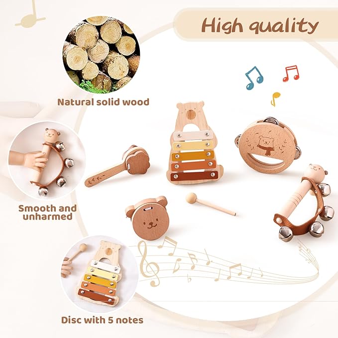 EERKEOD Toddlers Montessori Wooden Toys Percussion Musical Instruments with Xylophone Set for Girls Boys Kids Preschool Educational Toys