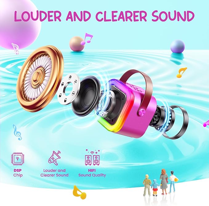 Kinglucky Mini Karaoke Machine for Kids, 2025 TOP Birthday Gifts Ideas for 3-12 Year Old Girls, Christmas Party Gifts Kids' Personal Video Players Accessories with 2 Wireless Microphones - Rose Pink