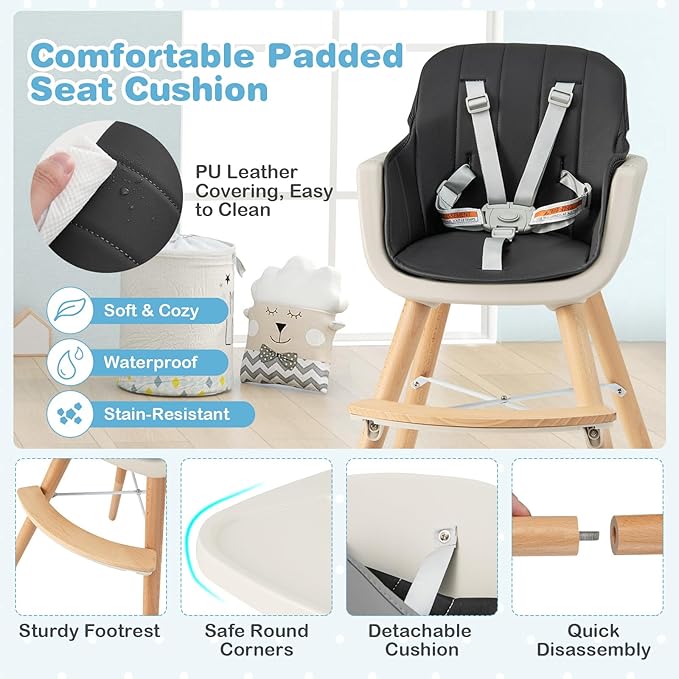 HONEY JOY Baby High Chair, 6-in-1 Eat & Grow Wooden Highchair/Toddler Chair with Removable Tray, 5-Point Harness, PU Cushion and Footrest, Convertible High Chair for Babies and Toddlers(Black)