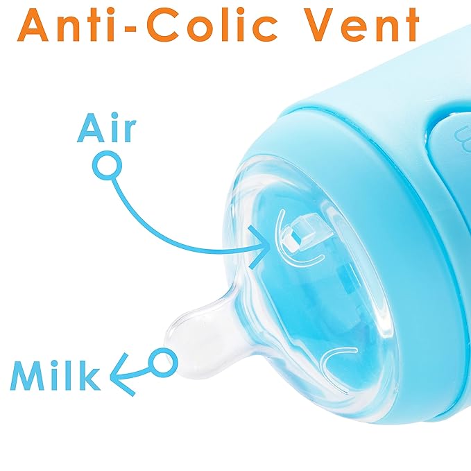 PopYum 5 oz Blue Anti-Colic Formula Making/Mixing/Dispenser Baby Bottles, 3-Pack with #1 Slow Flow Nipples, 150 ml, BPA-Free, Natural Latch