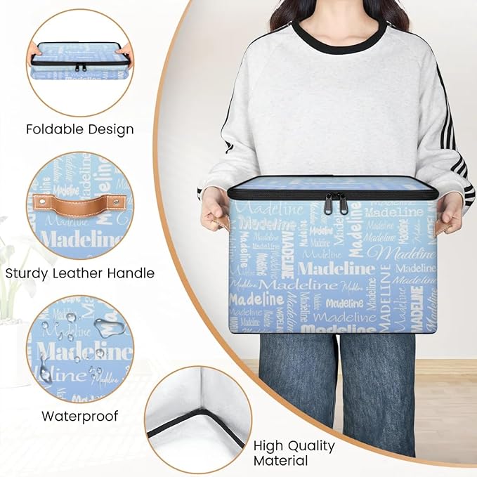 Custom Storage Basket with Name, Personalized Storage Bins with Zipper Lid, Foldable Fabric Storage Box Large capacity with Handle White Blue