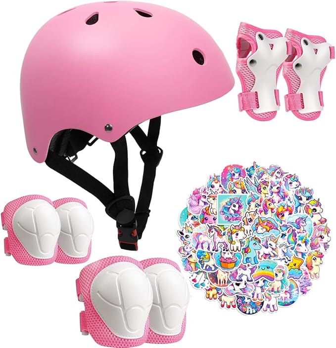 Kids Bike Helmet with Knee Elbow Wrist Pads Guards,Pink,for Ages 2-3-5-8-14,Sports Bicycle,Skate Scooter,Rollerblading with Unicorn Sticker