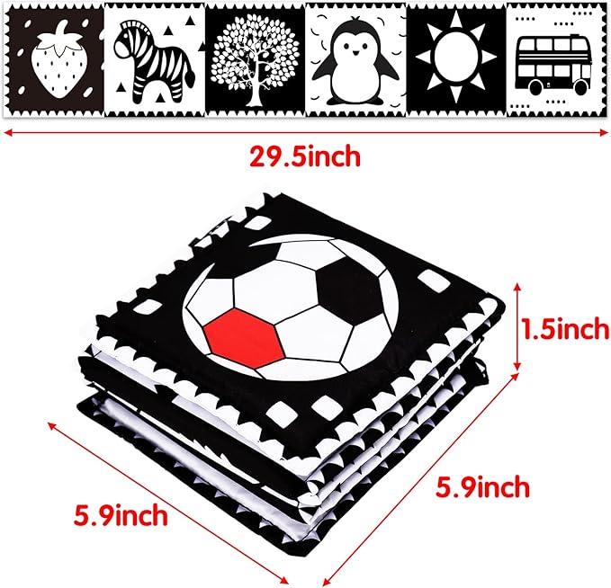 Thremhoo Black and White High Contrast Baby Toys 0-6 Months Soft Book for Brain Development, Tummy Time, Sensory, Montessori Learning Activities