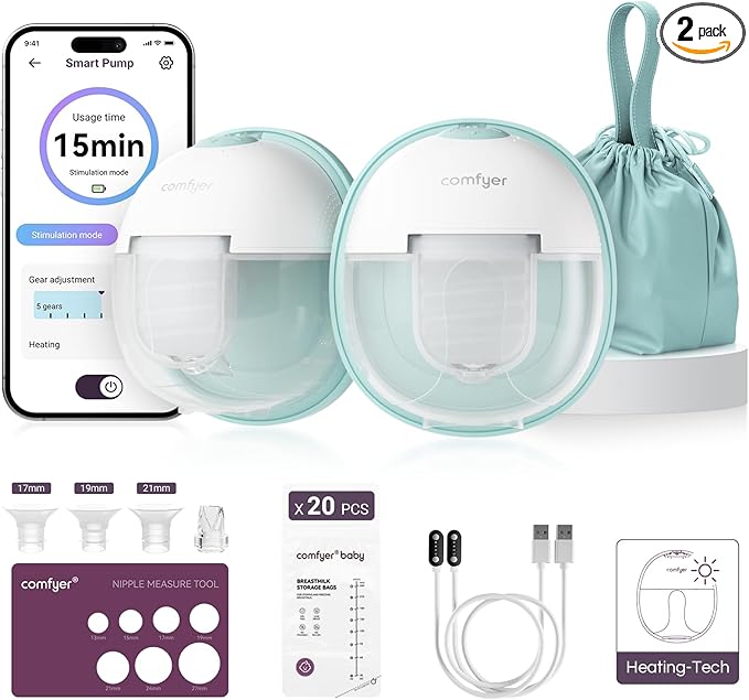Heated Breast Pump Hands Free, Industry-Leading Heating Tech, Innovative Magnetic Charging Base, App Discreet Control, 20pcs Breastmilk Storage Bags Included, Hospital-Grade Suction, 2 Pack