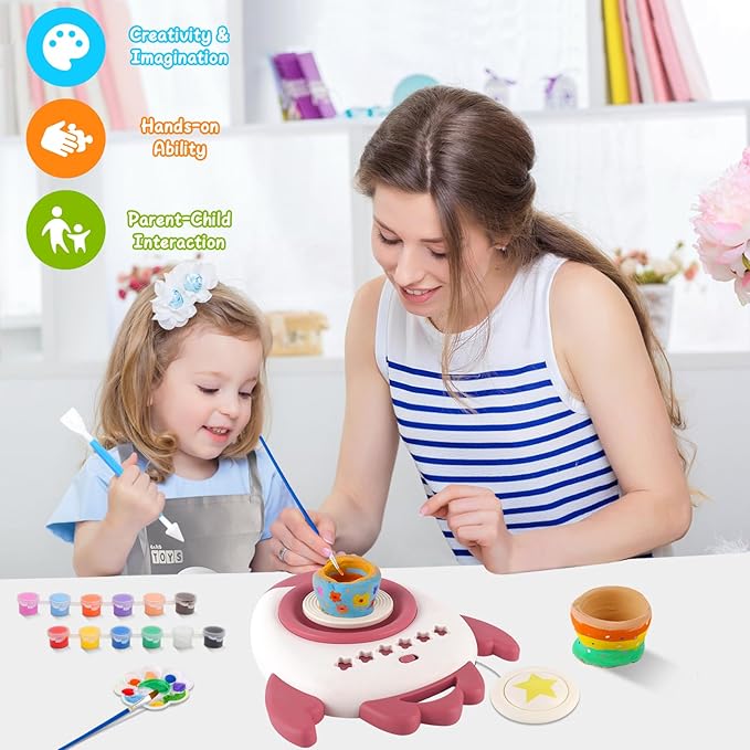deAO Pottery Wheel for Kids Complete Painting Set for Beginners Mini Pottery Wheel Kit with Air Dry Clay Tools, Arts & Crafts Clay Wheel Toys Birthday Gifts for Girls Boys Age 3+ (Red)