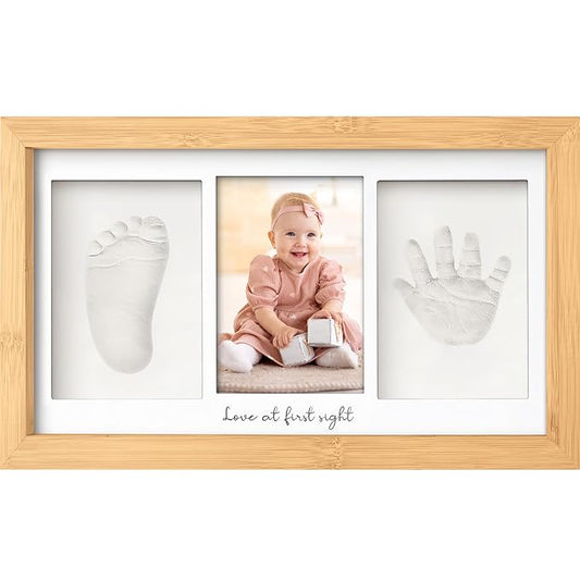 Baby Hand and Footprint Kit - Clay Handprint Keepsake Frame, Newborn Nursery Picture Frame, Personalized New Mom Gifts for Baby Shower & Registry (Bamboo)