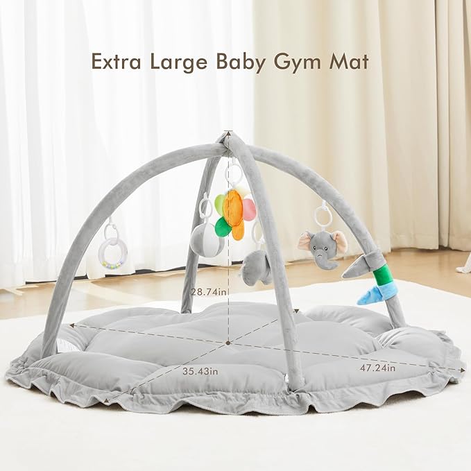 ANGELBLISS 5 in 1 Baby Play Gym Mat, Reversible Tummy Time Mat with 5 Sensory Toys for Stage-Based Developmental, Thick & Large Baby Activity Center from Newborn to Toddler (Grey)