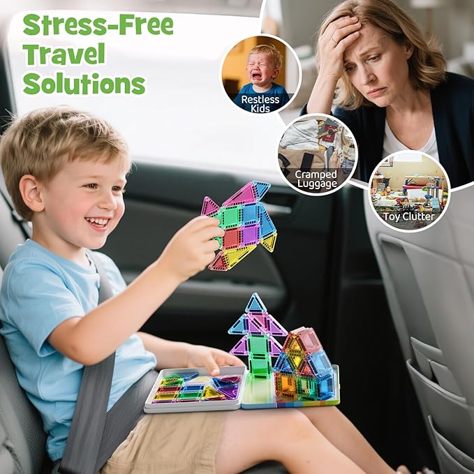 Magnetic Tiles Travel Toys for Kids 4-8, 42PCS Candy Color STEM Building Blocks with Visual Storage Guide & Metal Case, Airplane Activities & Toddler Travel Essentials Ages 3-5