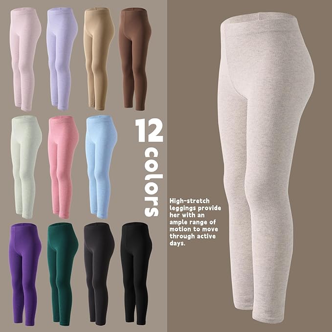 12 Pack Girls Leggings - Soft Stretchy Yoga Pants for Kids, Basic School Pants