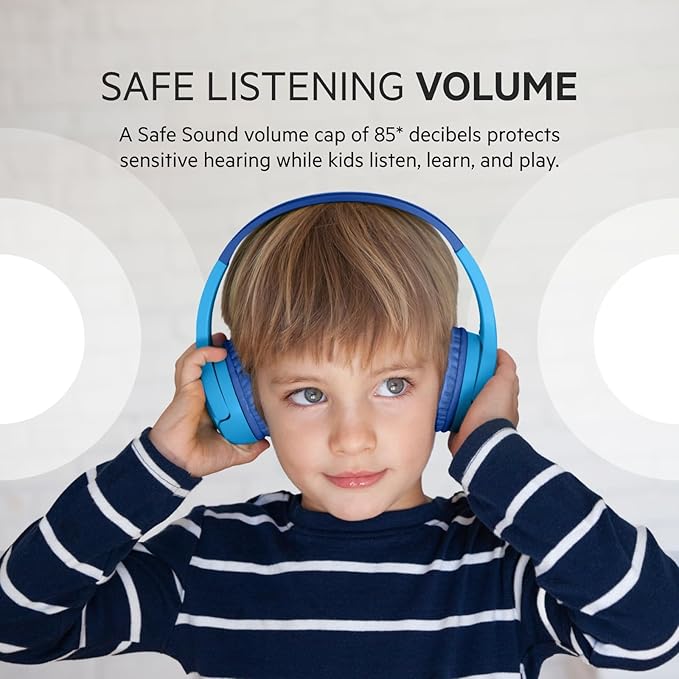Belkin SoundForm Mini - Wireless Bluetooth Kids Headphones, 30H Battery, 85dB Safe Volume Limit, Built-in Microphone - Toddler On-Ear Earphones for iPhone, iPad - Ideal for School - Blue w/ Case