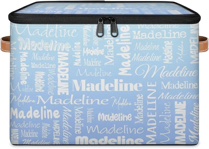 Custom Storage Basket with Name, Personalized Storage Bins with Zipper Lid, Foldable Fabric Storage Box Large capacity with Handle White Blue