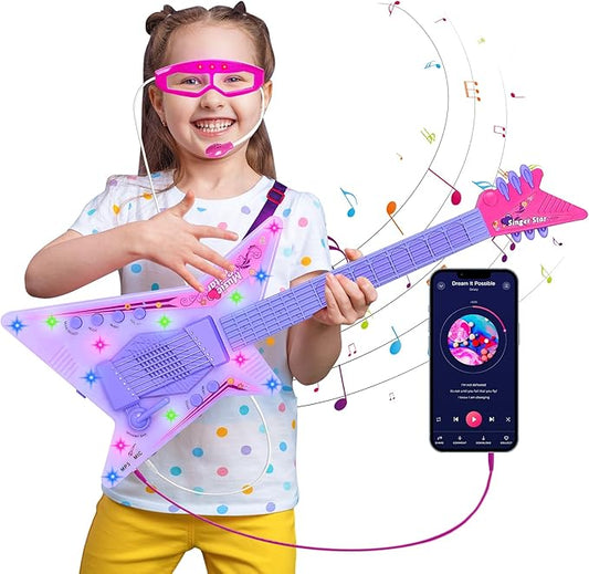Guitar and Microphone Play Set with Glasses,Music Toys with Music&Light,Kids Karaoke Machine,Music Instruments for Toddlers,Girls,Perschool Educational Toys Gift for Children