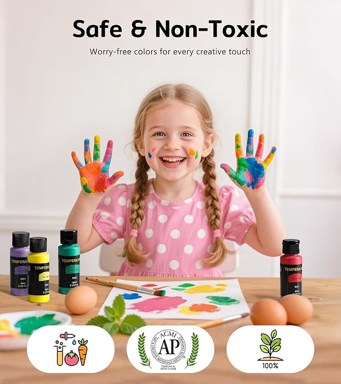 TMOL Washable Paint for Kids 42 Colors,Non-Toxic, Safe & Washable for Toddlers, Tempera Paint with Brushes, Palette & Bucket, School Project Art Supplies