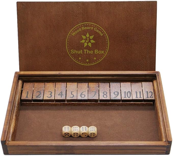 Juegoal Shut The Box Wooden Board Dice Game with 12 Numbers and Lid for Kids Adults Families, 2 Players and Up