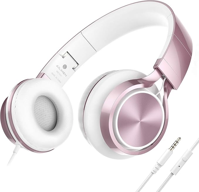 AILIHEN Kids Headphones, Headphones for School Girls Wired On-Ear Headsets with Microphone for Chromebook Laptop Computer, Foldable Adjustable Teen, Tangle-Free, 3.5mm Jack (Rose Gold)